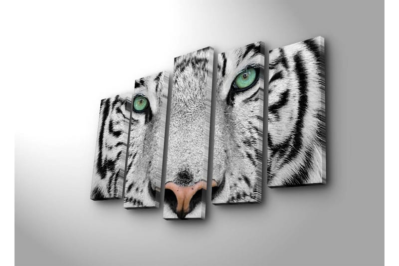 Stor Canvastavla i 5 delar 105x70 cm - Närbild av en vit tiger med intensiva ögon - Vit / Svart / Grön - Inredning & dekor - Tavlor & konst - Canvastavla