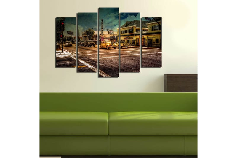 Stor Canvastavla i 5 delar 105x70 cm - Nostalgisk stadsbild med klassiska bilar och livlig gatubild - Gult / Brunt / Grått - Inredning & dekor - Tavlor & konst - Canvastavla