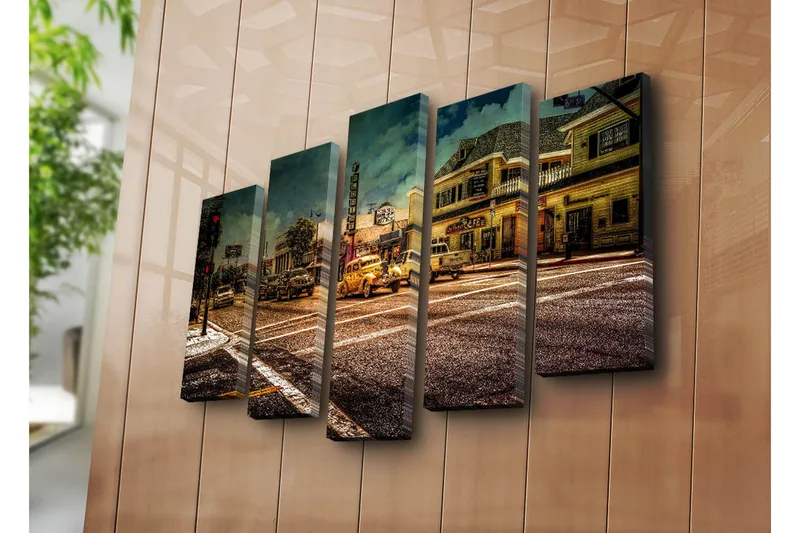 Stor Canvastavla i 5 delar 105x70 cm - Nostalgisk stadsbild med klassiska bilar och livlig gatubild - Gult / Brunt / Grått - Inredning & dekor - Tavlor & konst - Canvastavla