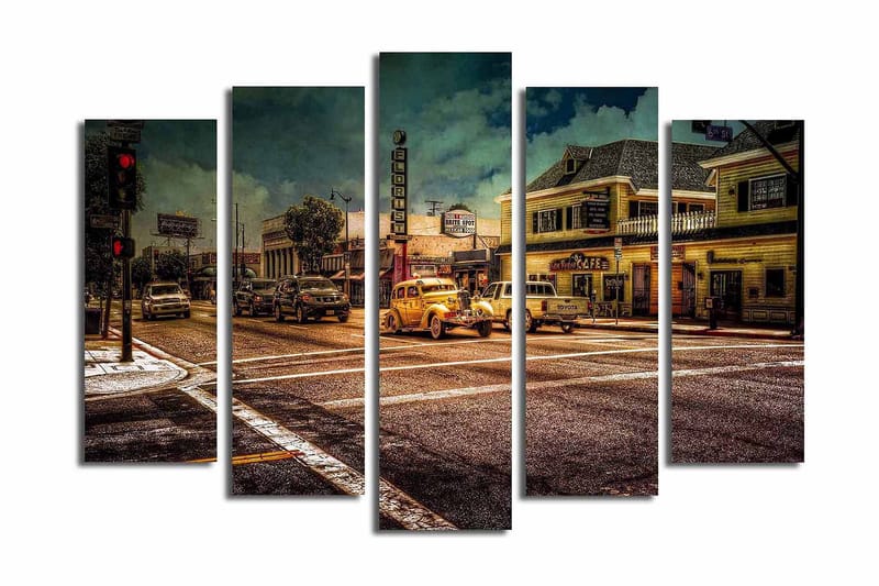 Stor Canvastavla i 5 delar 105x70 cm - Nostalgisk stadsbild med klassiska bilar och livlig gatubild - Gult / Brunt / Grått - Inredning & dekor - Tavlor & konst - Canvastavla