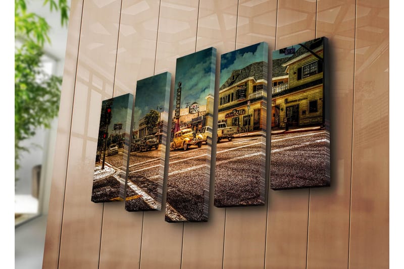Stor Canvastavla i 5 delar 105x70 cm - Nostalgisk stadsbild med klassiska bilar och livlig gatubild - Gult / Brunt / Grått - Inredning & dekor - Tavlor & konst - Canvastavla
