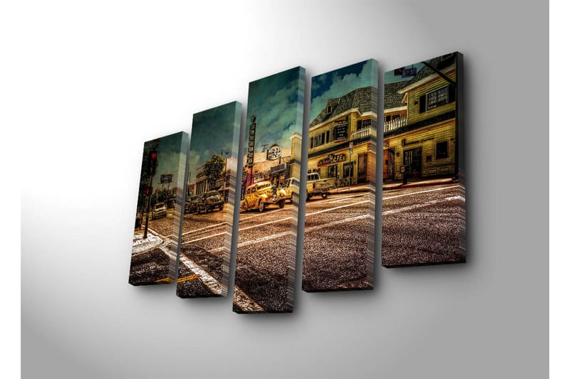 Stor Canvastavla i 5 delar 105x70 cm - Nostalgisk stadsbild med klassiska bilar och livlig gatubild - Gult / Brunt / Grått - Inredning & dekor - Tavlor & konst - Canvastavla