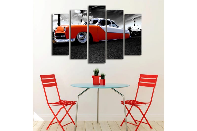 Stor Canvastavla i 5 delar 105x70 cm - Retro bil med orange och vit lackering - Orange / Vit / Grå - Inredning & dekor - Tavlor & konst - Canvastavla