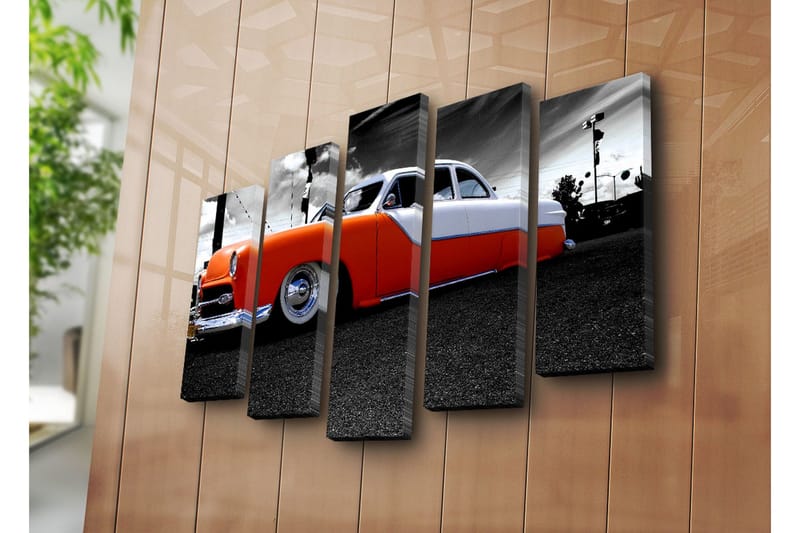 Stor Canvastavla i 5 delar 105x70 cm - Retro bil med orange och vit lackering - Orange / Vit / Grå - Inredning & dekor - Tavlor & konst - Canvastavla