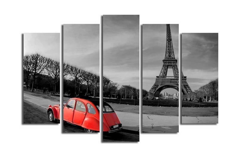 Stor Canvastavla i 5 delar 105x70 cm - Röd bil framför Eiffeltornet i en svartvit stadsmiljö, Röd / Svart / Grå