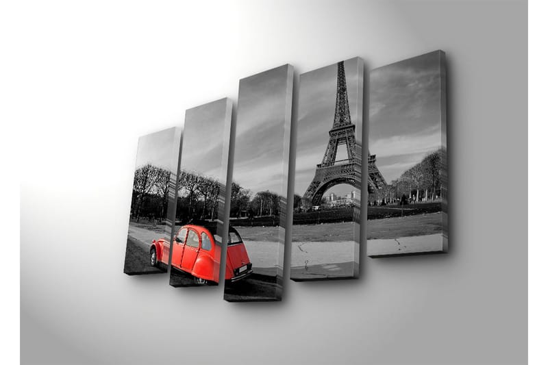 Stor Canvastavla i 5 delar 105x70 cm - Röd bil framför Eiffeltornet i en svartvit stadsmiljö - Röd / Svart / Grå - Inredning & dekor - Tavlor & konst - Canvastavla
