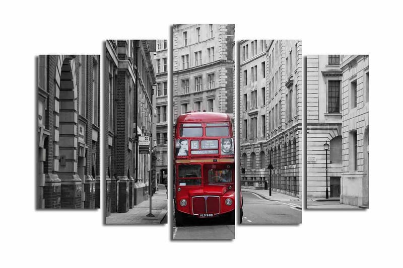 Stor Canvastavla i 5 delar 105x70 cm - Röd dubbeldäckarbuss på en grå stadsgata - Röd / Grå - Inredning & dekor - Tavlor & konst - Canvastavla