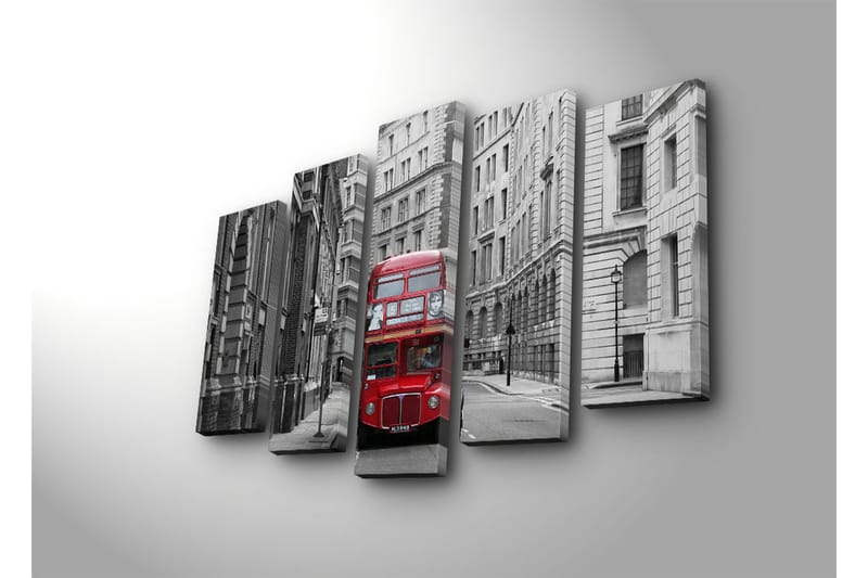 Stor Canvastavla i 5 delar 105x70 cm - Röd dubbeldäckarbuss på en grå stadsgata - Röd / Grå - Inredning & dekor - Tavlor & konst - Canvastavla