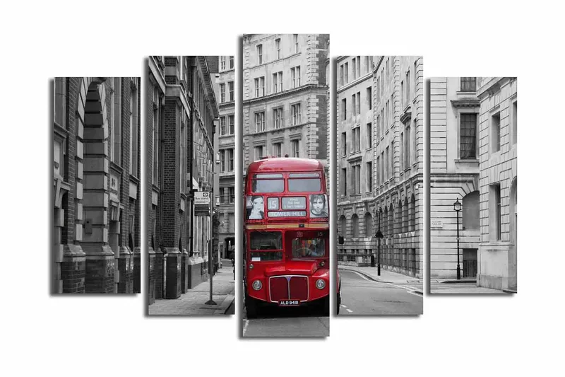 Stor Canvastavla i 5 delar 105x70 cm - Röd dubbeldäckarbuss på en grå stadsgata - Röd / Grå - Inredning & dekor - Tavlor & konst - Canvastavla