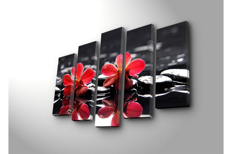 Stor Canvastavla i 5 delar 105x70 cm - Röda blommor på svarta stenar i vatten - Röd / Svart - Inredning & dekor - Tavlor & konst - Canvastavla