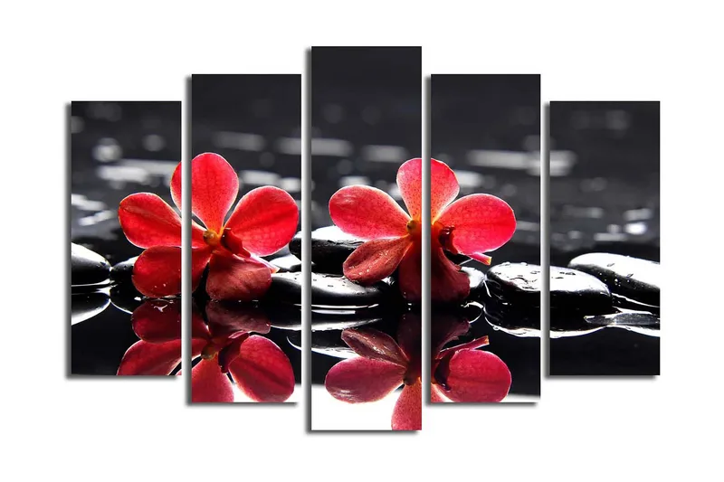 Stor Canvastavla i 5 delar 105x70 cm - Röda blommor på svarta stenar i vatten - Röd / Svart - Inredning & dekor - Tavlor & konst - Canvastavla