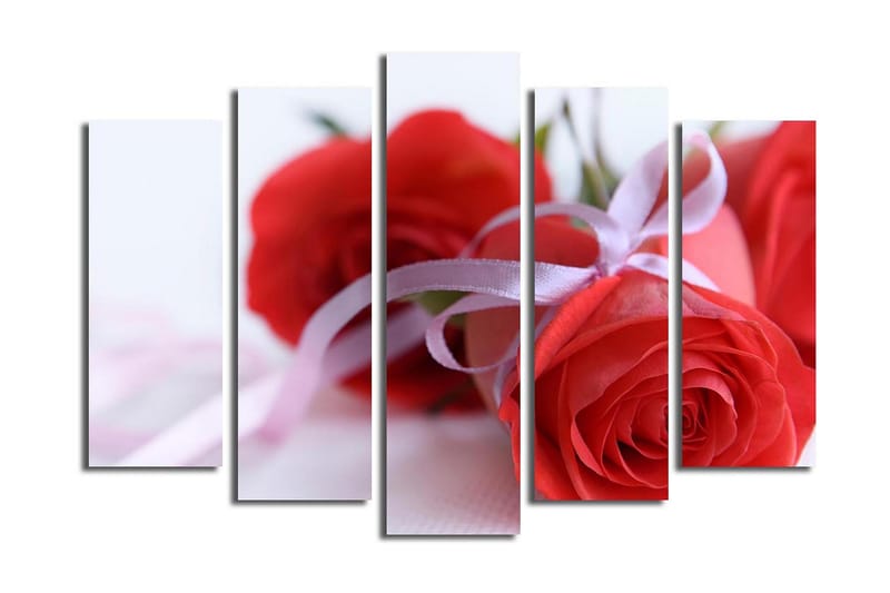 Stor Canvastavla i 5 delar 105x70 cm - Röda rosor med ett satinband - Röd / Rosa - Inredning & dekor - Tavlor & konst - Canvastavla