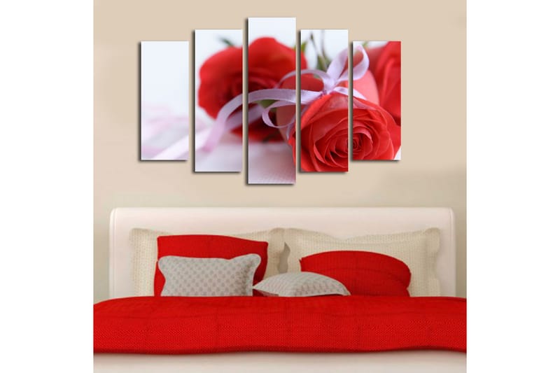 Stor Canvastavla i 5 delar 105x70 cm - Röda rosor med ett satinband - Röd / Rosa - Inredning & dekor - Tavlor & konst - Canvastavla