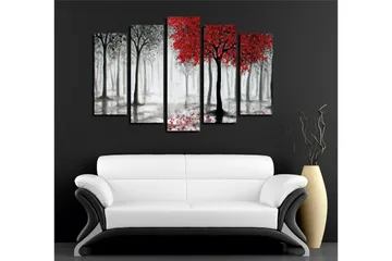 Stor Canvastavla i 5 delar 105x70 cm - Rödskiftande träd i en dimmig skogsmiljö - Röd / Svart / Grå - Inredning & dekor - Tavlor & konst - Canvastavla
