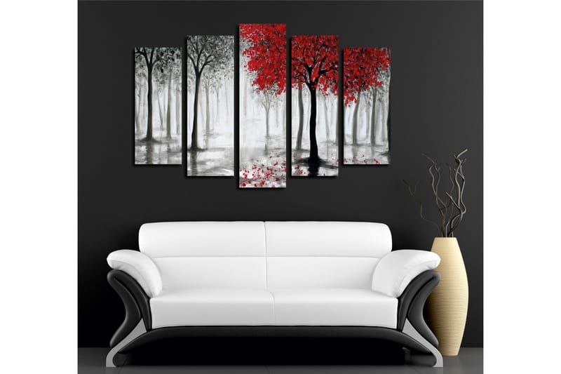 Stor Canvastavla i 5 delar 105x70 cm - Rödskiftande träd i en dimmig skogsmiljö - Röd / Svart / Grå - Inredning & dekor - Tavlor & konst - Canvastavla
