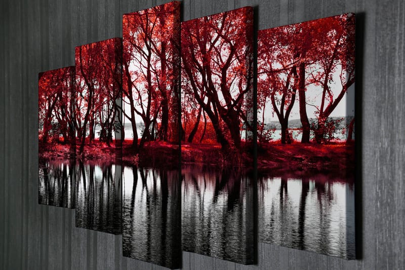 Stor Canvastavla i 5 delar 105x70 cm - Rödskiftande träd vid en spegelblanka sjö - Röd / Svart - Inredning & dekor - Tavlor & konst - Canvastavla