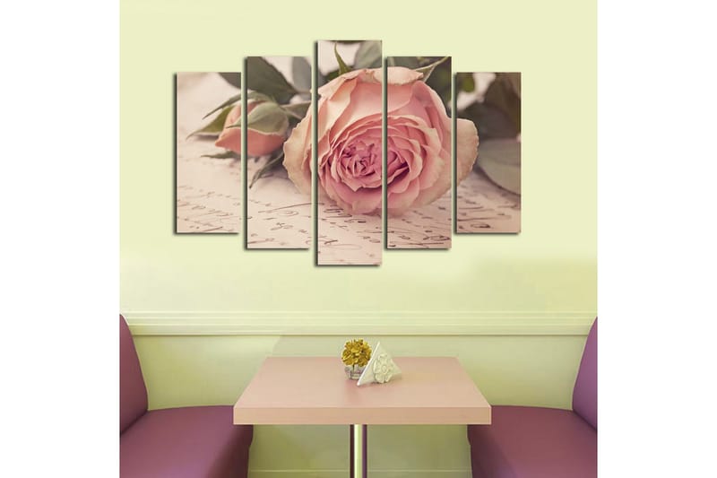 Stor Canvastavla i 5 delar 105x70 cm - Rosa blomma med knoppar och gröna blad - Ljusrosa / Grön / Beige - Inredning & dekor - Tavlor & konst - Canvastavla