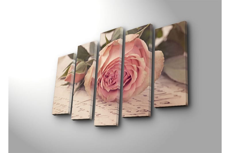 Stor Canvastavla i 5 delar 105x70 cm - Rosa blomma med knoppar och gröna blad - Ljusrosa / Grön / Beige - Inredning & dekor - Tavlor & konst - Canvastavla