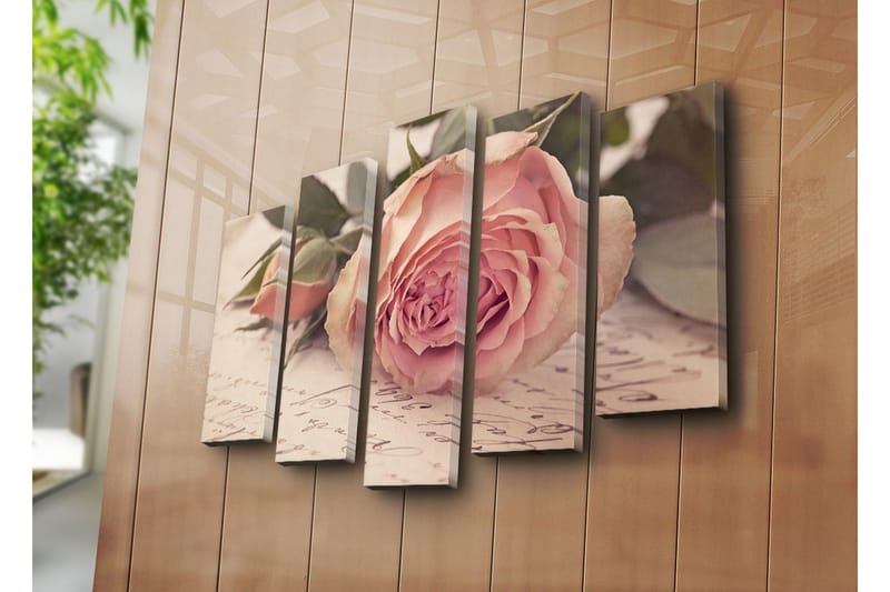 Stor Canvastavla i 5 delar 105x70 cm - Rosa blomma med knoppar och gröna blad - Ljusrosa / Grön / Beige - Inredning & dekor - Tavlor & konst - Canvastavla