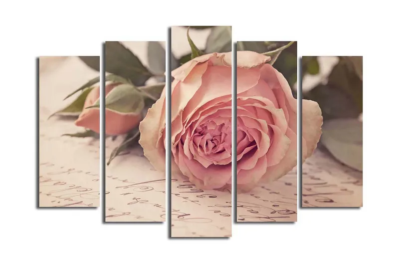 Stor Canvastavla i 5 delar 105x70 cm - Rosa blomma med knoppar och gröna blad - Ljusrosa / Grön / Beige - Inredning & dekor - Tavlor & konst - Canvastavla