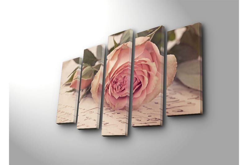 Stor Canvastavla i 5 delar 105x70 cm - Rosa blomma med knoppar och gröna blad - Ljusrosa / Grön / Beige - Inredning & dekor - Tavlor & konst - Canvastavla