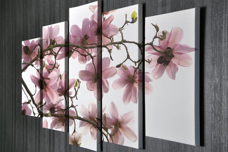 Stor Canvastavla i 5 delar 105x70 cm - Rosa magnoliablommor på grenar - Rosa / Grön / Brun - Inredning & dekor - Tavlor & konst - Canvastavla