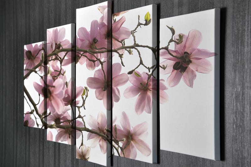 Stor Canvastavla i 5 delar 105x70 cm - Rosa magnoliablommor på grenar - Rosa / Grön / Brun - Inredning & dekor - Tavlor & konst - Canvastavla