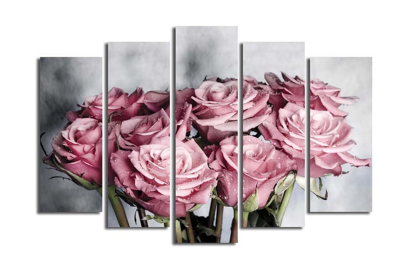 Stor Canvastavla i 5 delar 105x70 cm - Rosa rosor med droppar av vatten, Rosa / Grön / Vit