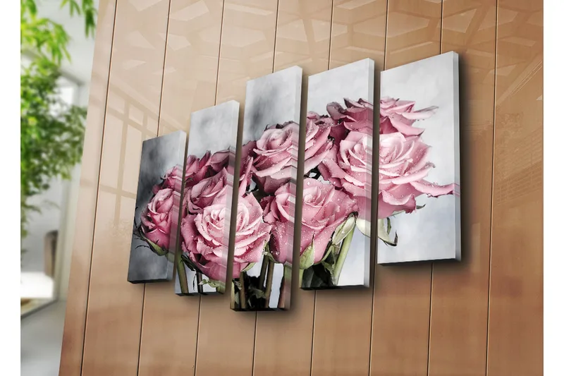 Stor Canvastavla i 5 delar 105x70 cm - Rosa rosor med droppar av vatten - Rosa / Grön / Vit - Inredning & dekor - Tavlor & konst - Canvastavla