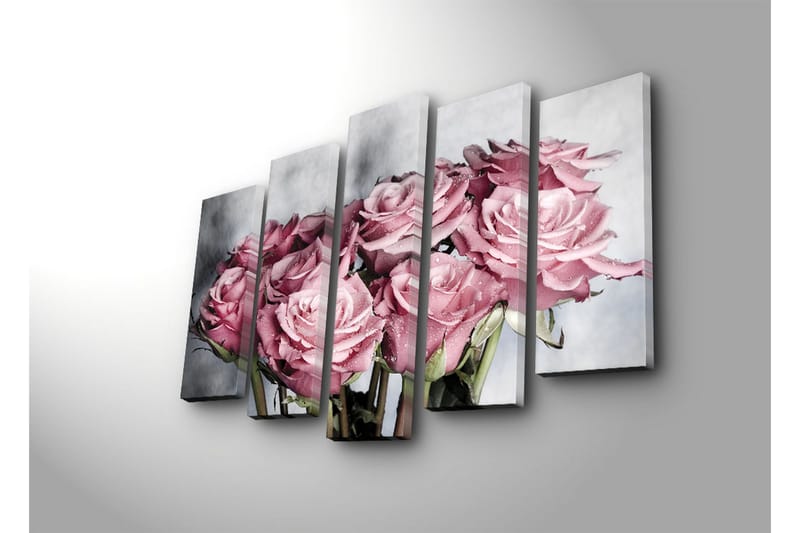 Stor Canvastavla i 5 delar 105x70 cm - Rosa rosor med droppar av vatten - Rosa / Grön / Vit - Inredning & dekor - Tavlor & konst - Canvastavla
