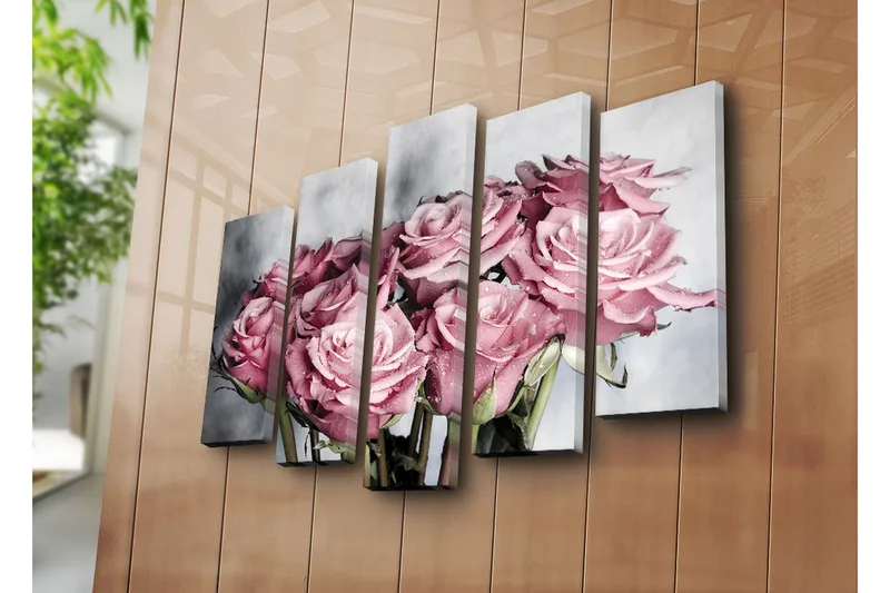 Stor Canvastavla i 5 delar 105x70 cm - Rosa rosor med droppar av vatten - Rosa / Grön / Vit - Inredning & dekor - Tavlor & konst - Canvastavla
