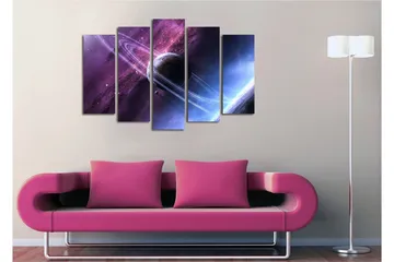 Stor Canvastavla i 5 delar 105x70 cm - Rymdlandskap med en planet och ringar i en stjärnspäckad himmel - Lila / Blå / Svart - Inredning & dekor - Tavlor & konst - Canvastavla