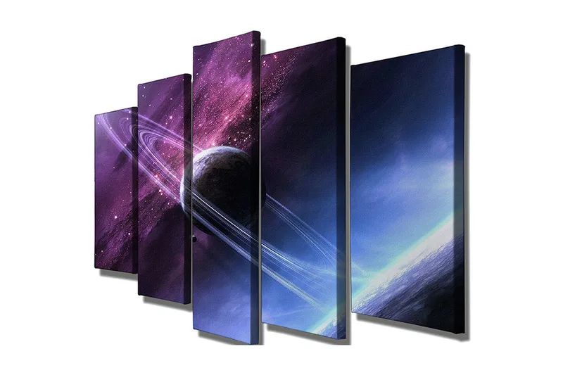Stor Canvastavla i 5 delar 105x70 cm - Rymdlandskap med en planet och ringar i en stjärnspäckad himmel, Lila / Blå / Svart