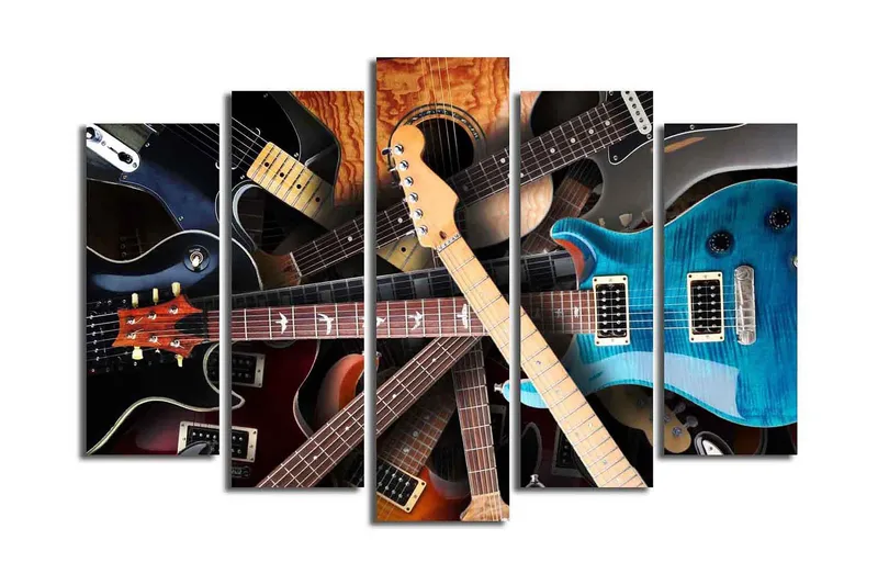 Stor Canvastavla i 5 delar 105x70 cm - Samling av olika gitarrer i en dynamisk komposition - Svart / Brun / Blå - Inredning & dekor - Tavlor & konst - Canvastavla