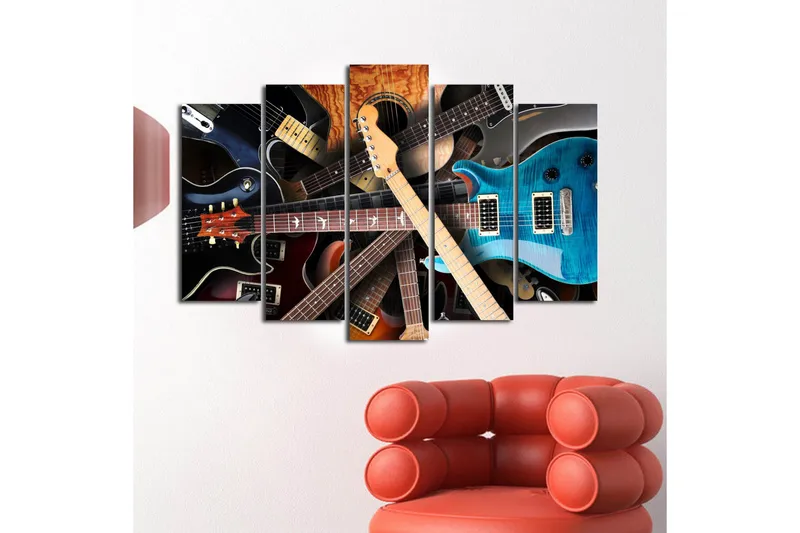 Stor Canvastavla i 5 delar 105x70 cm - Samling av olika gitarrer i en dynamisk komposition - Svart / Brun / Blå - Inredning & dekor - Tavlor & konst - Canvastavla