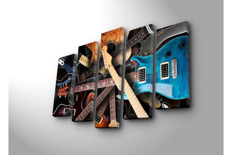Stor Canvastavla i 5 delar 105x70 cm - Samling av olika gitarrer i en dynamisk komposition - Svart / Brun / Blå - Inredning & dekor - Tavlor & konst - Canvastavla