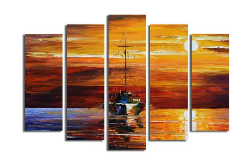 Stor Canvastavla i 5 delar 105x70 cm - Segelbåt i solnedgång med reflektioner i vattnet - Orange / Röd / Blå - Inredning & dekor - Tavlor & konst - Canvastavla