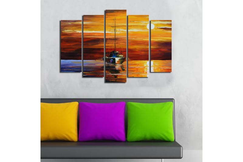 Stor Canvastavla i 5 delar 105x70 cm - Segelbåt i solnedgång med reflektioner i vattnet - Orange / Röd / Blå - Inredning & dekor - Tavlor & konst - Canvastavla
