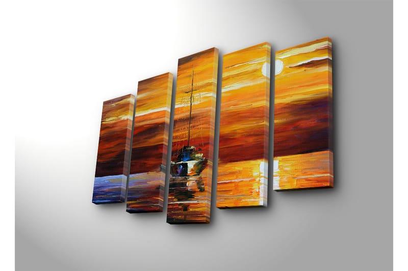 Stor Canvastavla i 5 delar 105x70 cm - Segelbåt i solnedgång med reflektioner i vattnet - Orange / Röd / Blå - Inredning & dekor - Tavlor & konst - Canvastavla