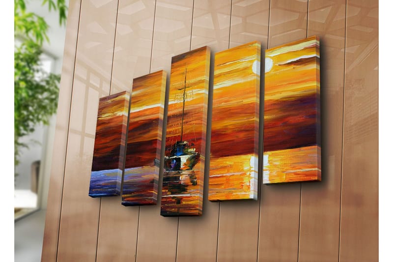 Stor Canvastavla i 5 delar 105x70 cm - Segelbåt i solnedgång med reflektioner i vattnet - Orange / Röd / Blå - Inredning & dekor - Tavlor & konst - Canvastavla