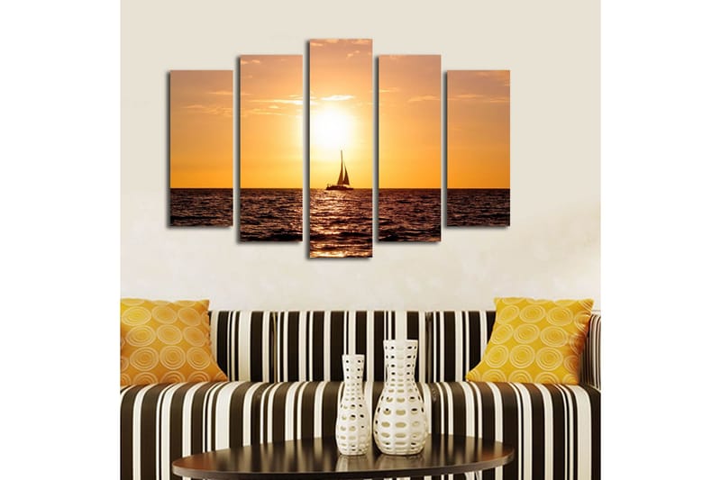 Stor Canvastavla i 5 delar 105x70 cm - Segelbåt i solnedgång över havet - Orange / Guld / Mörkblå - Inredning & dekor - Tavlor & konst - Canvastavla