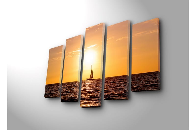 Stor Canvastavla i 5 delar 105x70 cm - Segelbåt i solnedgång över havet - Orange / Guld / Mörkblå - Inredning & dekor - Tavlor & konst - Canvastavla