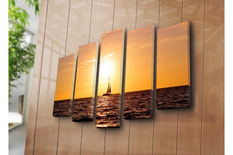 Stor Canvastavla i 5 delar 105x70 cm - Segelbåt i solnedgång över havet - Orange / Guld / Mörkblå - Inredning & dekor - Tavlor & konst - Canvastavla