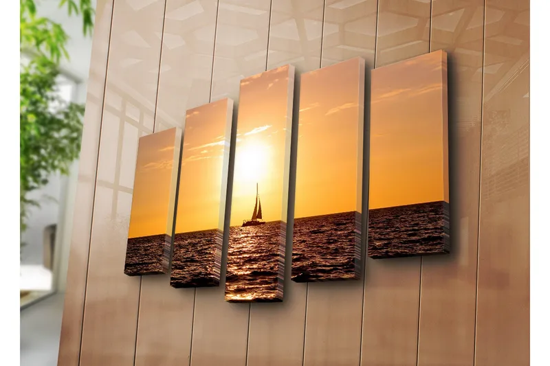 Stor Canvastavla i 5 delar 105x70 cm - Segelbåt i solnedgång över havet - Orange / Guld / Mörkblå - Inredning & dekor - Tavlor & konst - Canvastavla