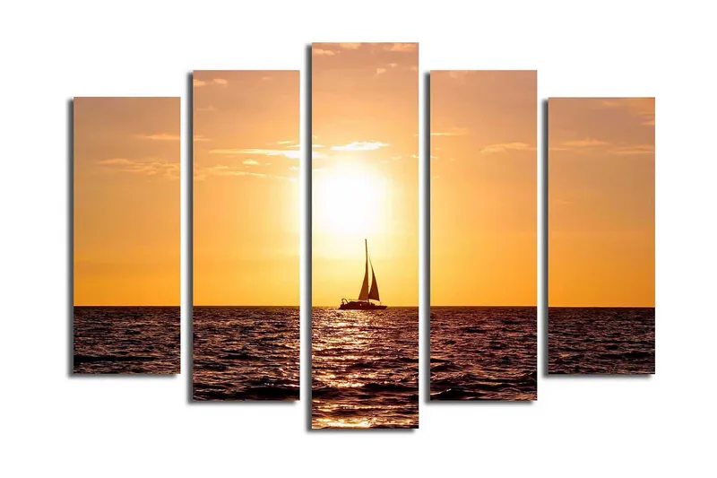 Stor Canvastavla i 5 delar 105x70 cm - Segelbåt i solnedgång över havet - Orange / Guld / Mörkblå - Inredning & dekor - Tavlor & konst - Canvastavla