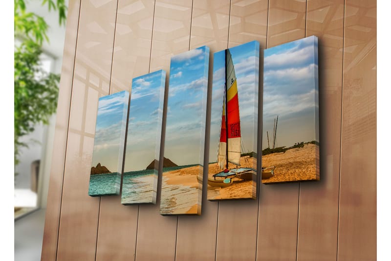 Stor Canvastavla i 5 delar 105x70 cm - Segelbåt vid en strand med klara vatten och sanddyner - Blå / Orange / Gul - Inredning & dekor - Tavlor & konst - Canvastavla