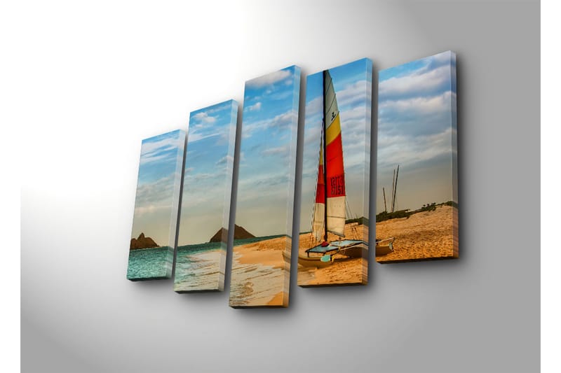 Stor Canvastavla i 5 delar 105x70 cm - Segelbåt vid en strand med klara vatten och sanddyner - Blå / Orange / Gul - Inredning & dekor - Tavlor & konst - Canvastavla
