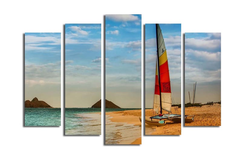 Stor Canvastavla i 5 delar 105x70 cm - Segelbåt vid en strand med klara vatten och sanddyner - Blå / Orange / Gul - Inredning & dekor - Tavlor & konst - Canvastavla