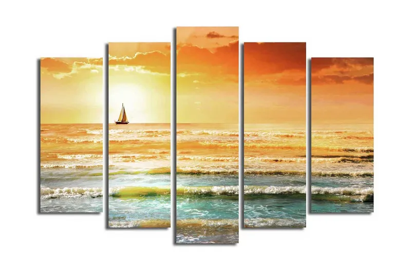 Stor Canvastavla i 5 delar 105x70 cm - Segelbåt på ett glittrande hav i solnedgångens färger - Orange / Blå / Guld - Inredning & dekor - Tavlor & konst - Canvastavla