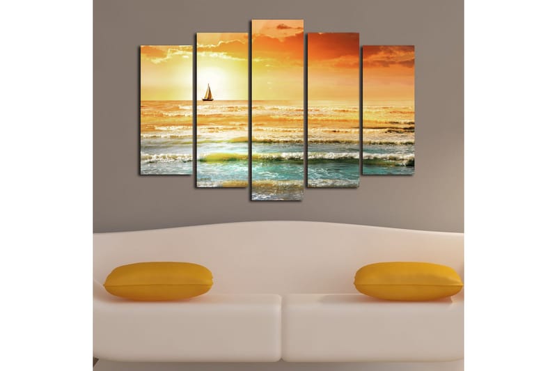 Stor Canvastavla i 5 delar 105x70 cm - Segelbåt på ett glittrande hav i solnedgångens färger - Orange / Blå / Guld - Inredning & dekor - Tavlor & konst - Canvastavla
